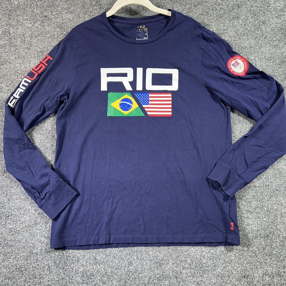 Polo Ralph Lauren Olympics Team USA Shirt Large Blue Rio Brazil 2016 Logo Flags